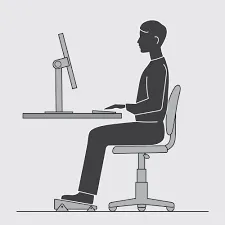 Illustrated diagram of an ergonomic desk arrangement showing monitor placement, keyboard zone, and workspace areas